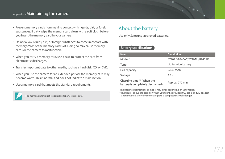 About the battery, Battery specifications, Maintaining the camera | Samsung EV-NXF1ZZB1QUS User Manual | Page 173 / 199