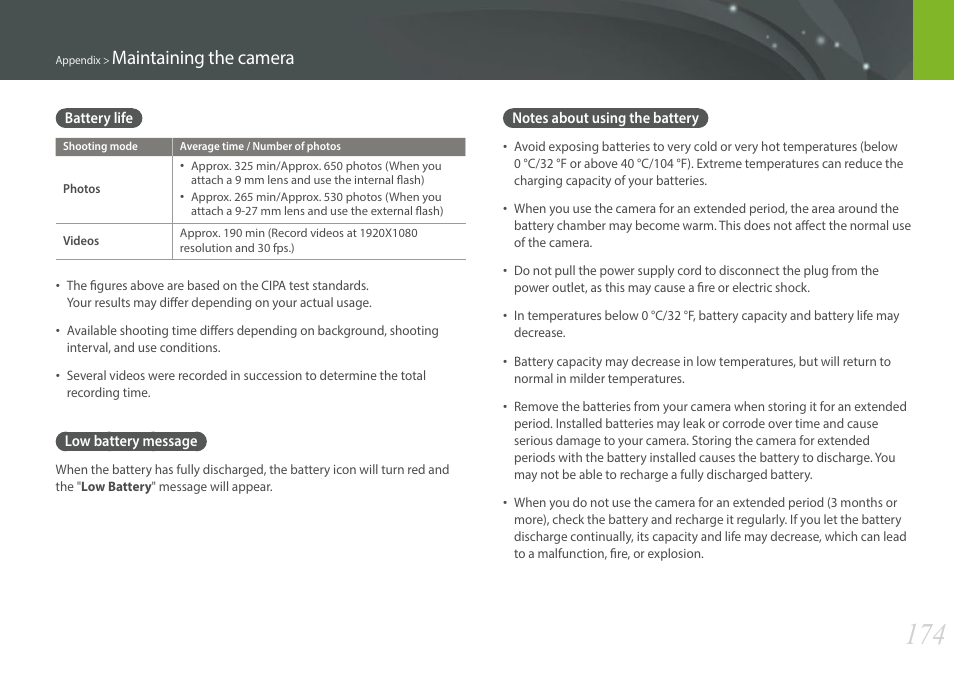 Battery life, Low battery message, Notes about using the battery | Maintaining the camera | Samsung EV-NXF1ZZB1QUS User Manual | Page 175 / 199