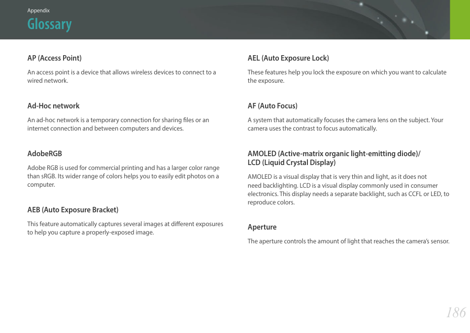 Glossary | Samsung EV-NXF1ZZB1QUS User Manual | Page 187 / 199