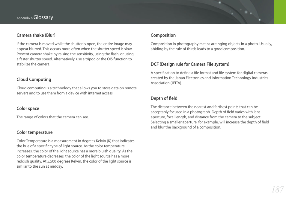 Glossary | Samsung EV-NXF1ZZB1QUS User Manual | Page 188 / 199