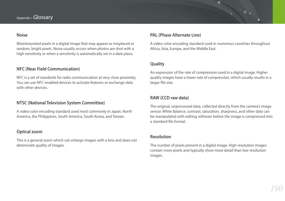 Glossary | Samsung EV-NXF1ZZB1QUS User Manual | Page 191 / 199