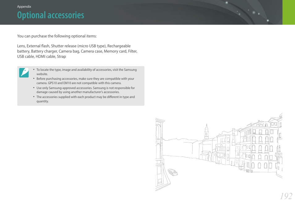 Optional accessories | Samsung EV-NXF1ZZB1QUS User Manual | Page 193 / 199