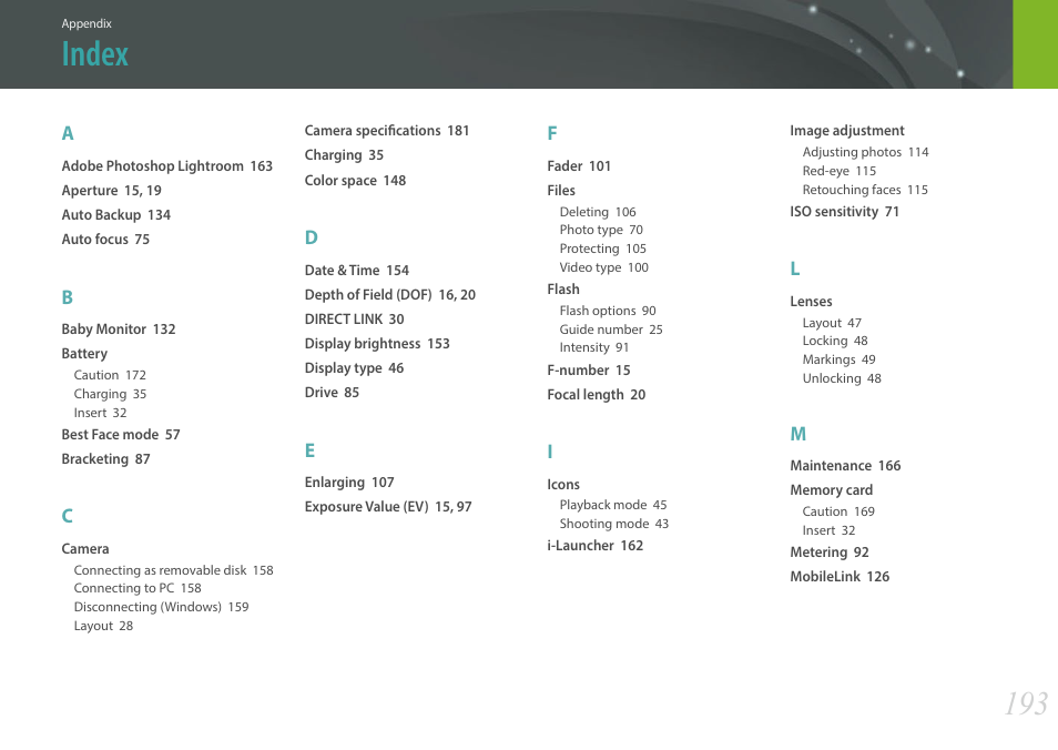 Index | Samsung EV-NXF1ZZB1QUS User Manual | Page 194 / 199