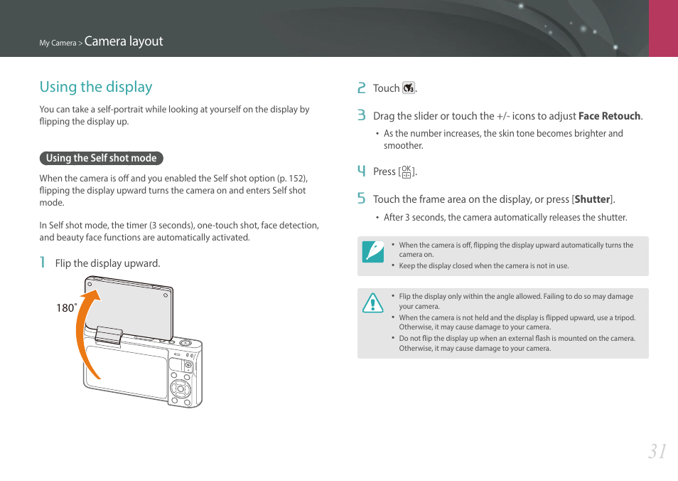 Using the display, Using the self shot mode, Camera layout | Samsung EV-NXF1ZZB1QUS User Manual | Page 32 / 199