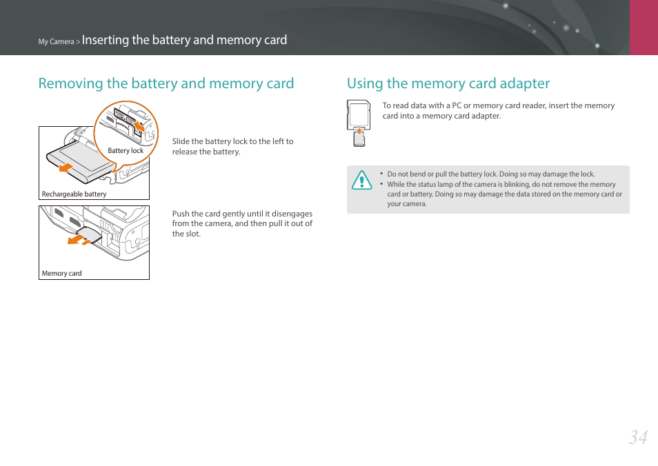 Removing the battery and memory card, Using the memory card adapter | Samsung EV-NXF1ZZB1QUS User Manual | Page 35 / 199