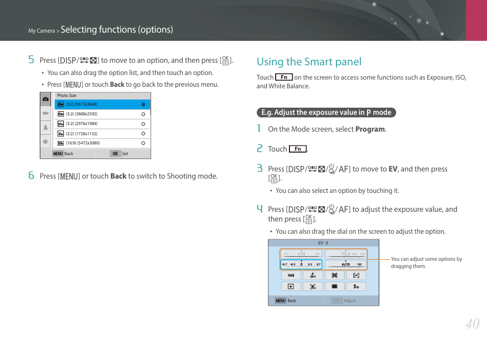 Using the smart panel, E.g. adjust the exposure value in p mode, Selecting functions (options) | Samsung EV-NXF1ZZB1QUS User Manual | Page 41 / 199