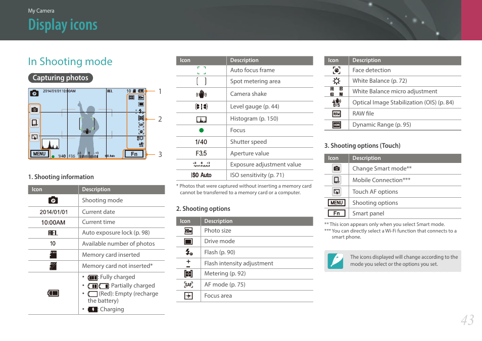 Display icons, In shooting mode, Capturing photos | Samsung EV-NXF1ZZB1QUS User Manual | Page 44 / 199