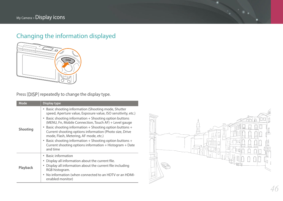 Changing the information displayed, Display icons | Samsung EV-NXF1ZZB1QUS User Manual | Page 47 / 199