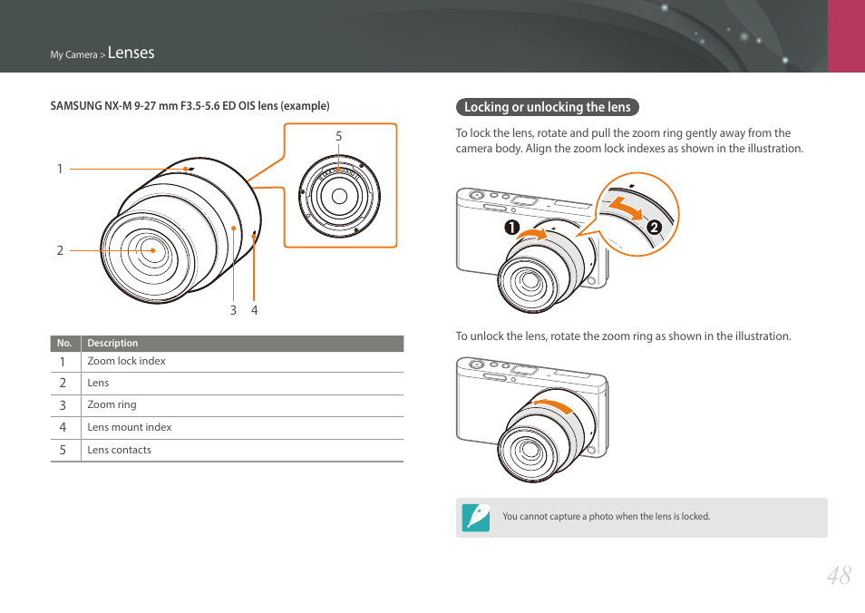 Locking or unlocking the lens, Lenses | Samsung EV-NXF1ZZB1QUS User Manual | Page 49 / 199