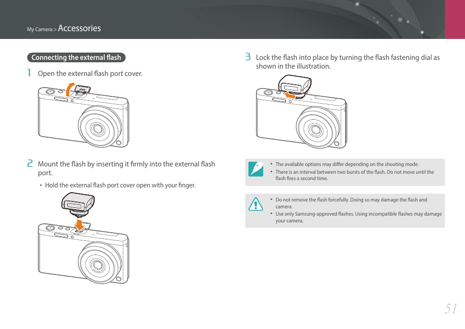 Connecting the external flash, Accessories | Samsung EV-NXF1ZZB1QUS User Manual | Page 52 / 199