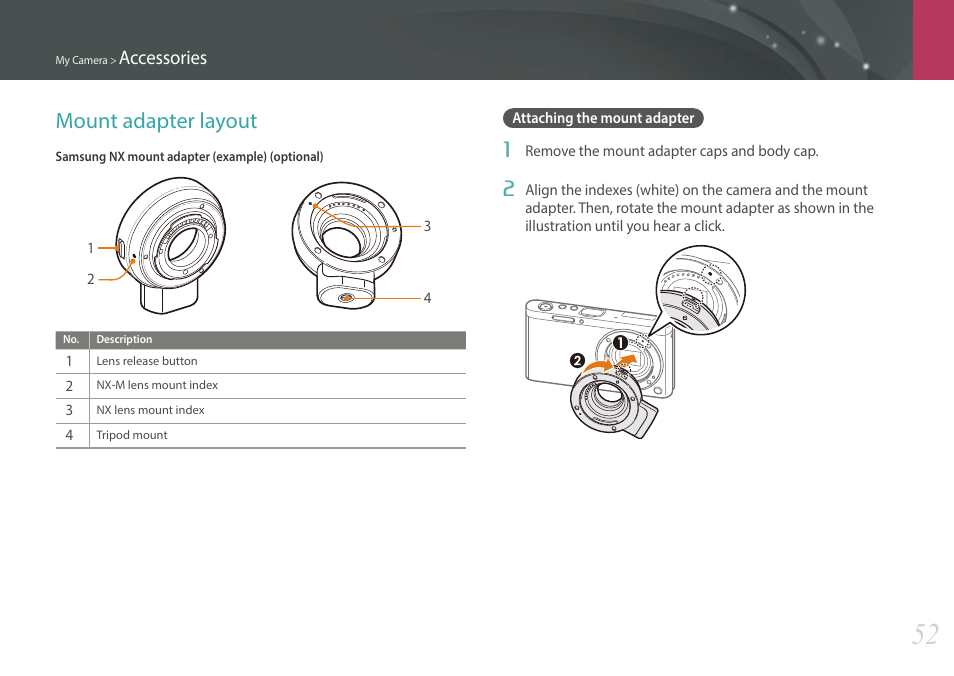 Mount adapter layout, Attaching the mount adapter, Accessories | Samsung EV-NXF1ZZB1QUS User Manual | Page 53 / 199