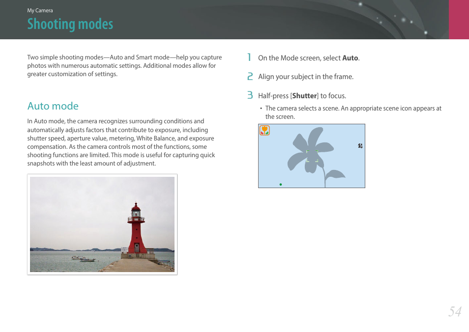 Shooting modes, Auto mode | Samsung EV-NXF1ZZB1QUS User Manual | Page 55 / 199