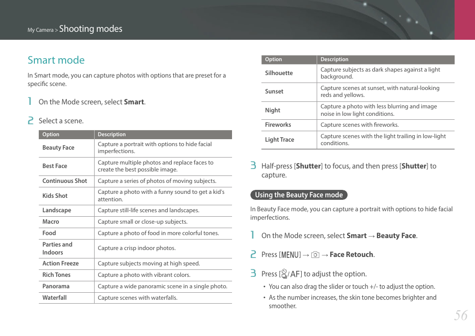 Smart mode, Using the beauty face mode, Shooting modes | Samsung EV-NXF1ZZB1QUS User Manual | Page 57 / 199