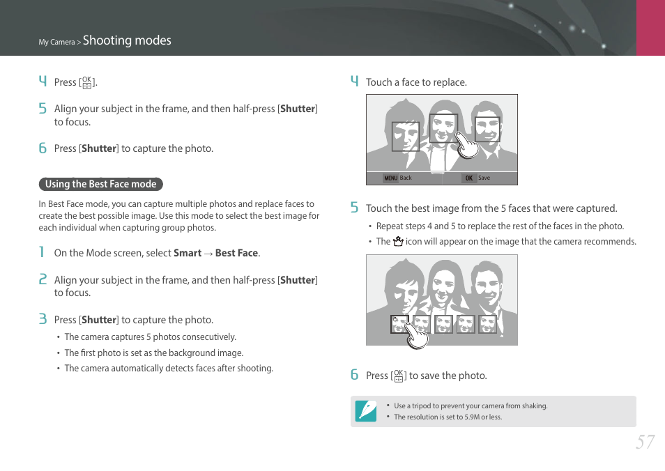 Using the best face mode, Shooting modes | Samsung EV-NXF1ZZB1QUS User Manual | Page 58 / 199