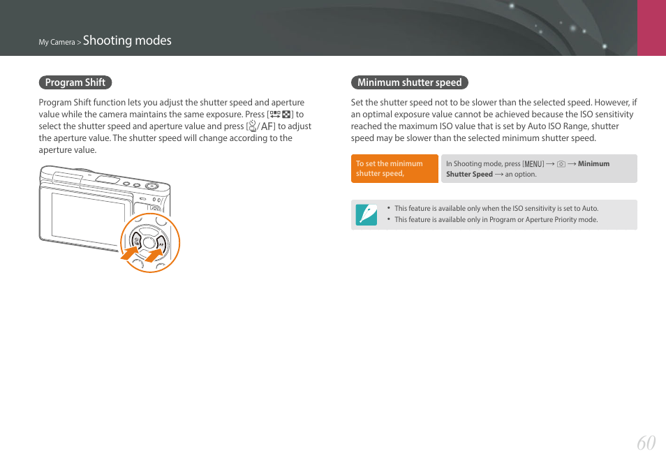 Program shift, Minimum shutter speed, Program shift minimum shutter speed | Shooting modes | Samsung EV-NXF1ZZB1QUS User Manual | Page 61 / 199
