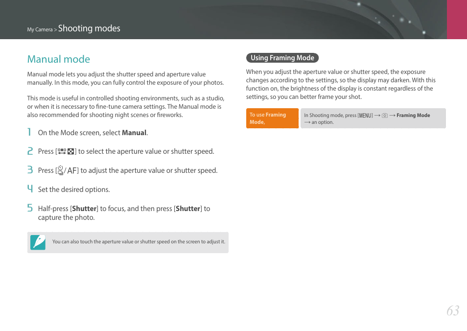 Manual mode, Using framing mode, Shooting modes | Samsung EV-NXF1ZZB1QUS User Manual | Page 64 / 199