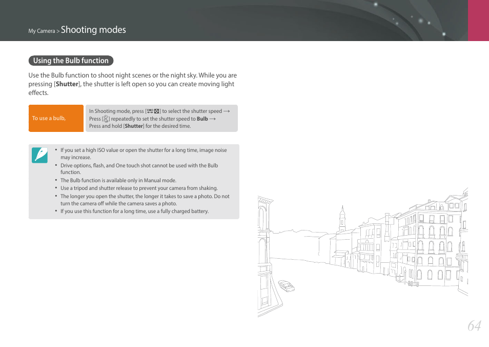 Using the bulb function, Shooting modes | Samsung EV-NXF1ZZB1QUS User Manual | Page 65 / 199