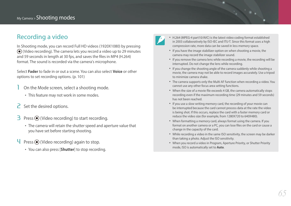 Recording a video, Shooting modes | Samsung EV-NXF1ZZB1QUS User Manual | Page 66 / 199