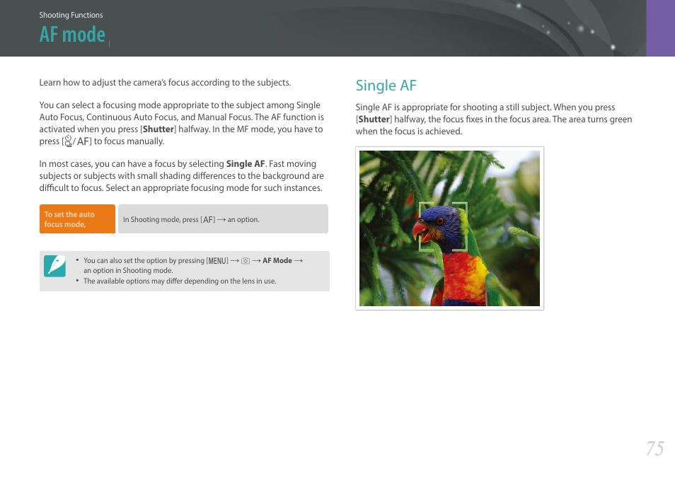 Af mode, Single af | Samsung EV-NXF1ZZB1QUS User Manual | Page 76 / 199
