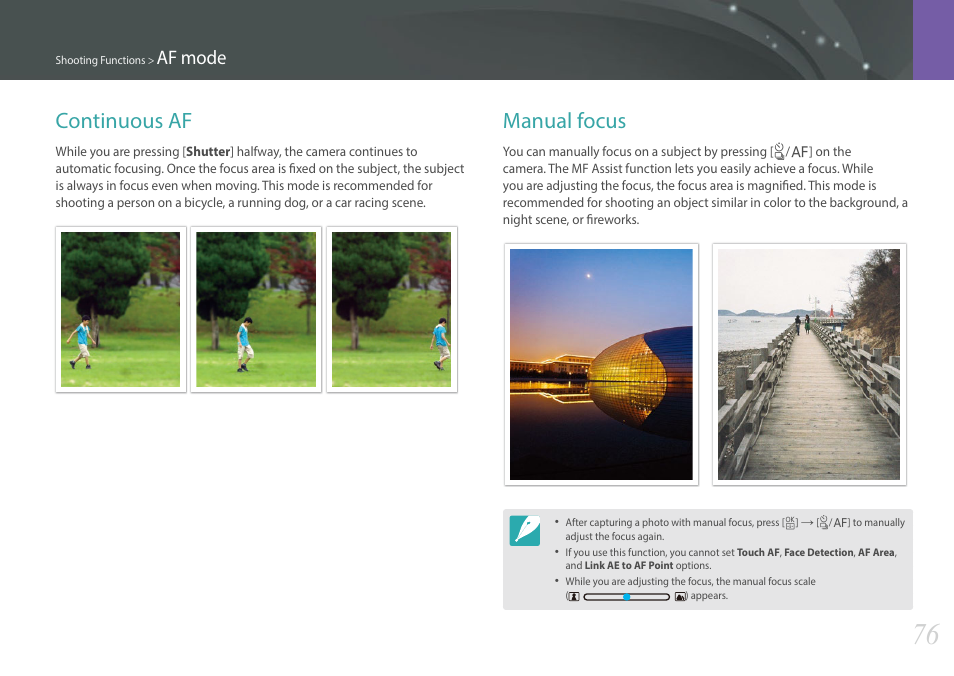 Continuous af, Manual focus, Continuous af manual focus | Af mode | Samsung EV-NXF1ZZB1QUS User Manual | Page 77 / 199