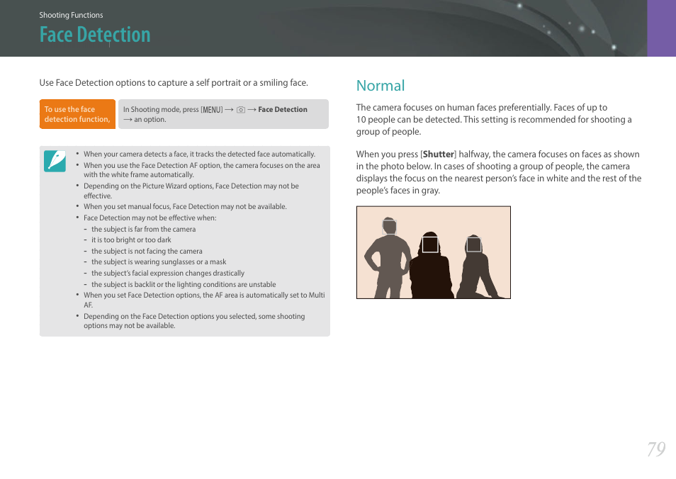 Face detection, Normal | Samsung EV-NXF1ZZB1QUS User Manual | Page 80 / 199