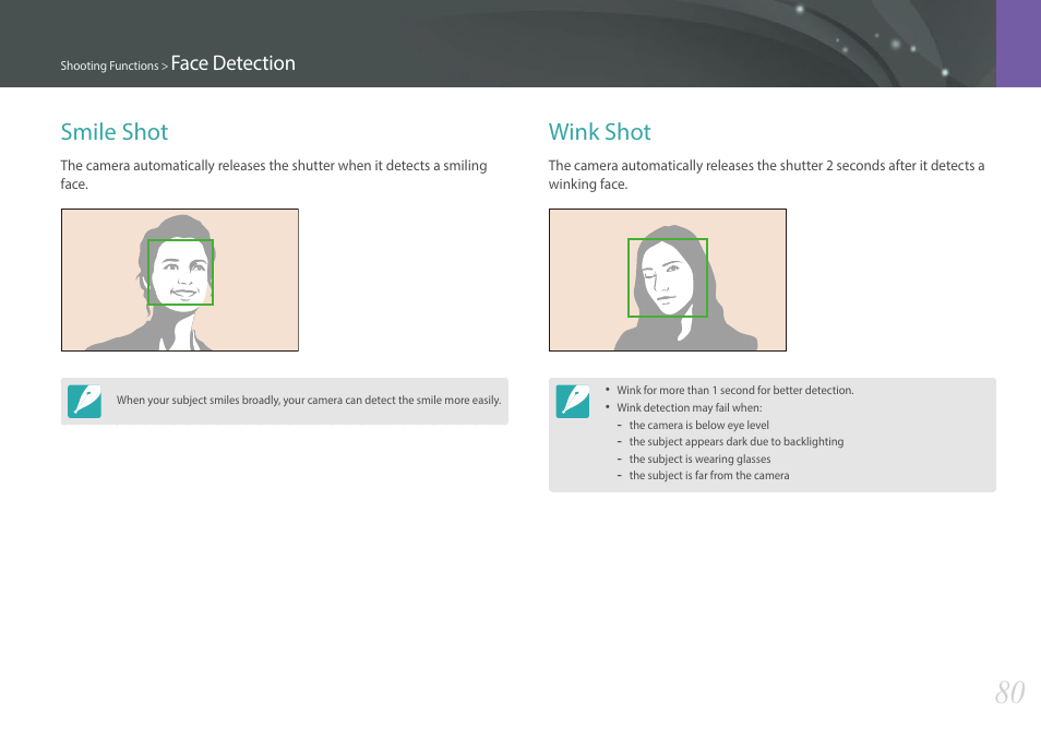 Smile shot, Wink shot, Smile shot wink shot | Face detection | Samsung EV-NXF1ZZB1QUS User Manual | Page 81 / 199