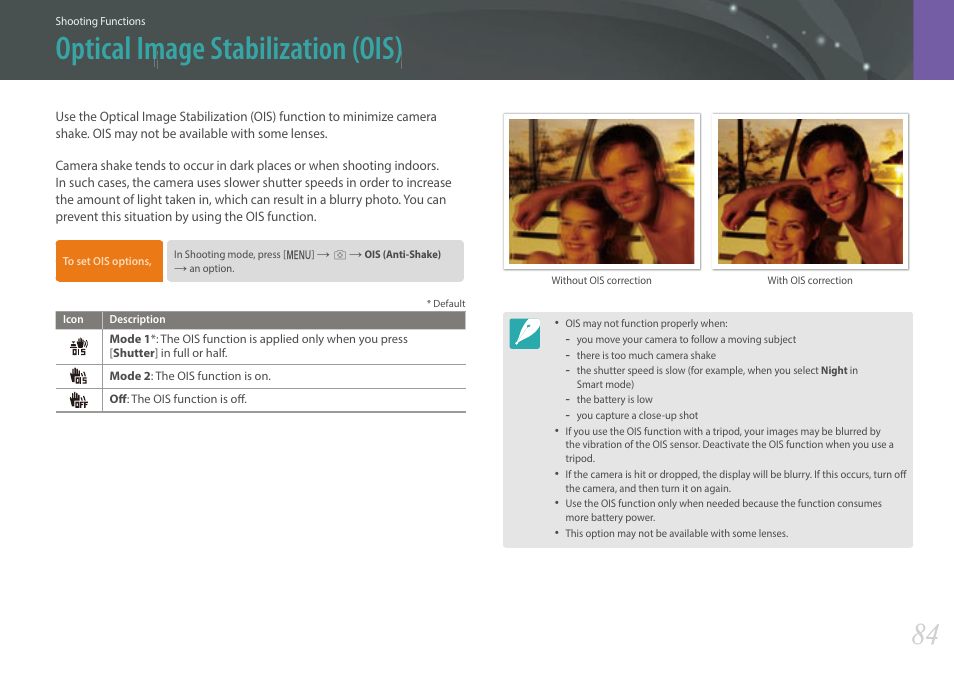 Optical image stabilization (ois) | Samsung EV-NXF1ZZB1QUS User Manual | Page 85 / 199