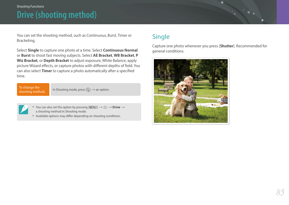 Drive (shooting method), Single | Samsung EV-NXF1ZZB1QUS User Manual | Page 86 / 199