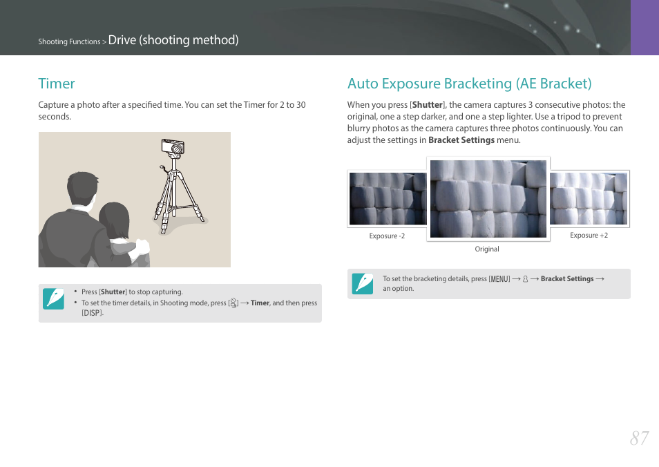 Timer, Auto exposure bracketing (ae bracket), Timer auto exposure bracketing (ae bracket) | Drive (shooting method) | Samsung EV-NXF1ZZB1QUS User Manual | Page 88 / 199