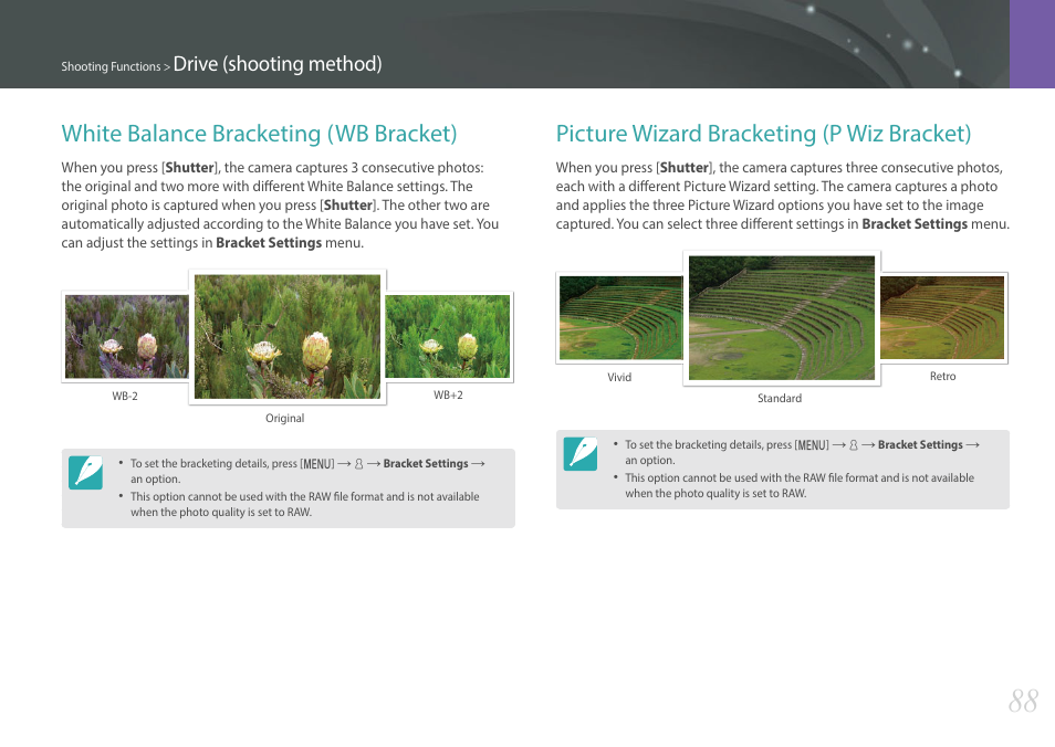 White balance bracketing (wb bracket), Picture wizard bracketing (p wiz bracket), Drive (shooting method) | Samsung EV-NXF1ZZB1QUS User Manual | Page 89 / 199