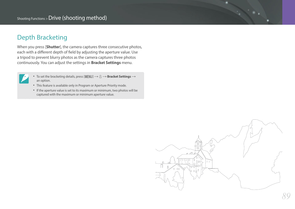 Depth bracketing, Drive (shooting method) | Samsung EV-NXF1ZZB1QUS User Manual | Page 90 / 199