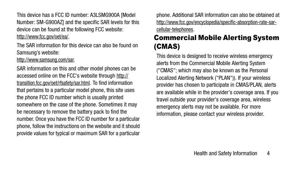 Commercial mobile alerting system (cmas) | Samsung SM-G900AZKZAIO User Manual | Page 11 / 19