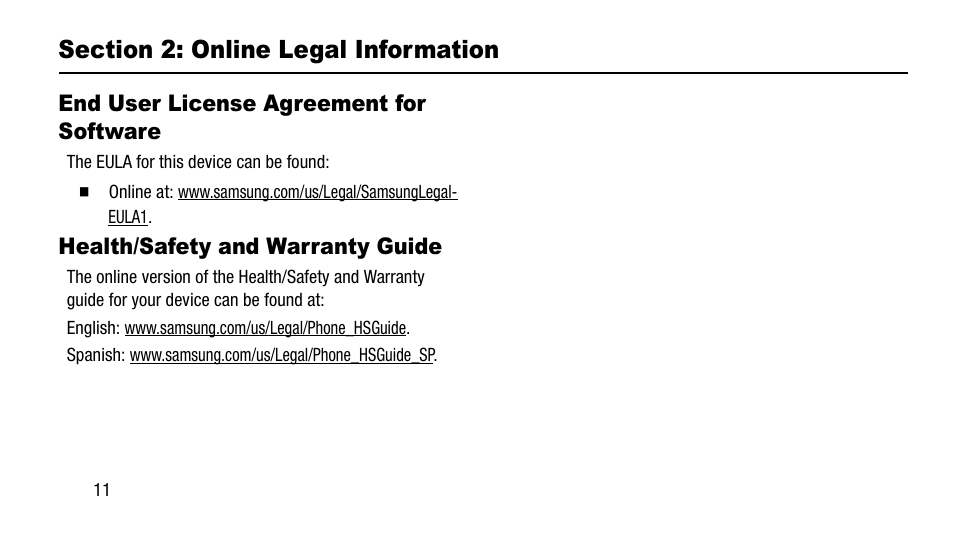 Section 2: online legal information, End user license agreement for software, Health/safety and warranty guide | Samsung SM-G900AZKZAIO User Manual | Page 18 / 19