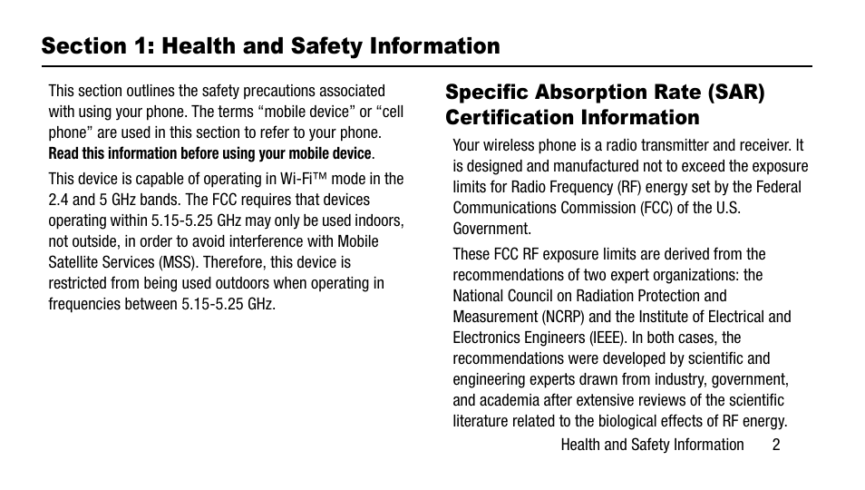Section 1: health and safety information, Specific absorption rate (sar) certification, Information | Samsung SM-G900AZKZAIO User Manual | Page 9 / 19