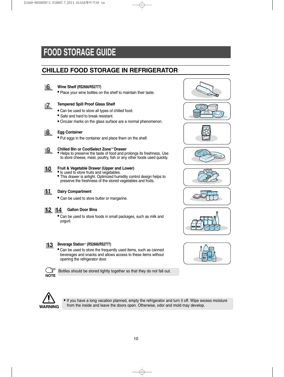 Food storage guide, Chilled food storage in refrigerator | Samsung RS2777SL-XAA User Manual | Page 10 / 32