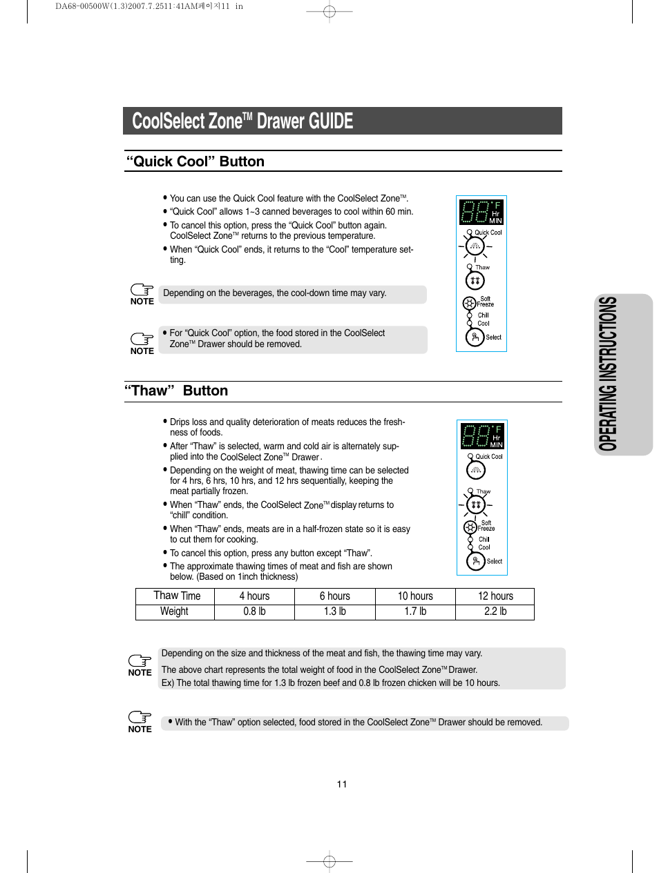 Coolselect zone tm drawer guide, Opera ting instructions, Coolselect zone | Drawer guide, Quick cool” button “thaw” button | Samsung RS2777SL-XAA User Manual | Page 11 / 32