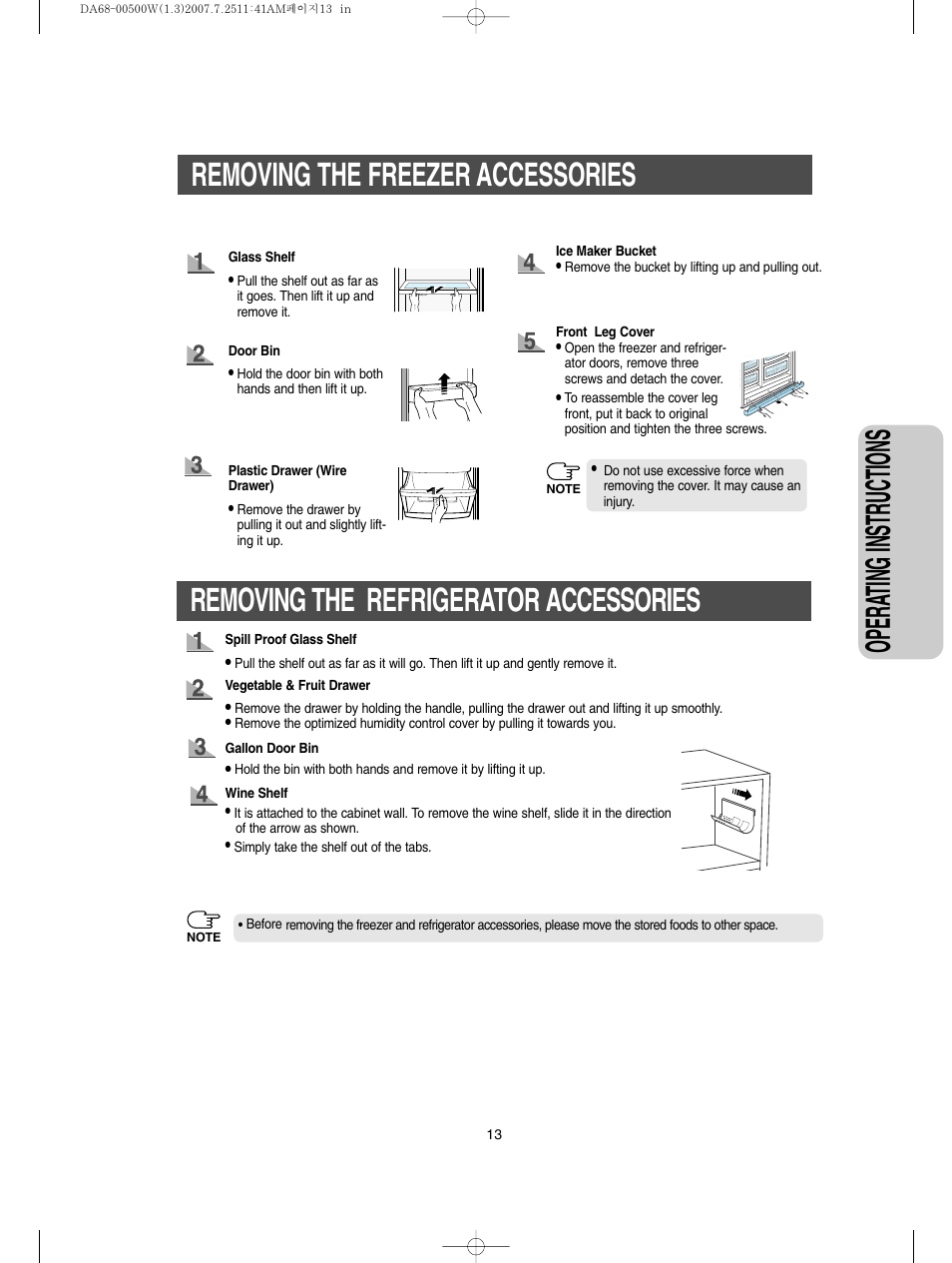 Removing the freezer accessories, Removing the refrigerator accessories, Opera ting instructions | Samsung RS2777SL-XAA User Manual | Page 13 / 32