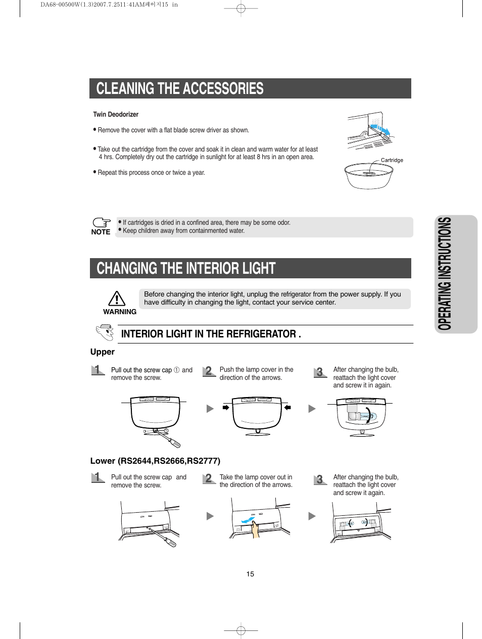 Changing the interior light, Opera ting instructions, Cleaning the accessories | Interior light in the refrigerator | Samsung RS2777SL-XAA User Manual | Page 15 / 32