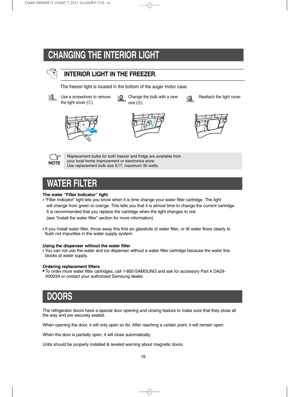 Water filter, Doors, Changing the interior light | Interior light in the freezer | Samsung RS2777SL-XAA User Manual | Page 16 / 32