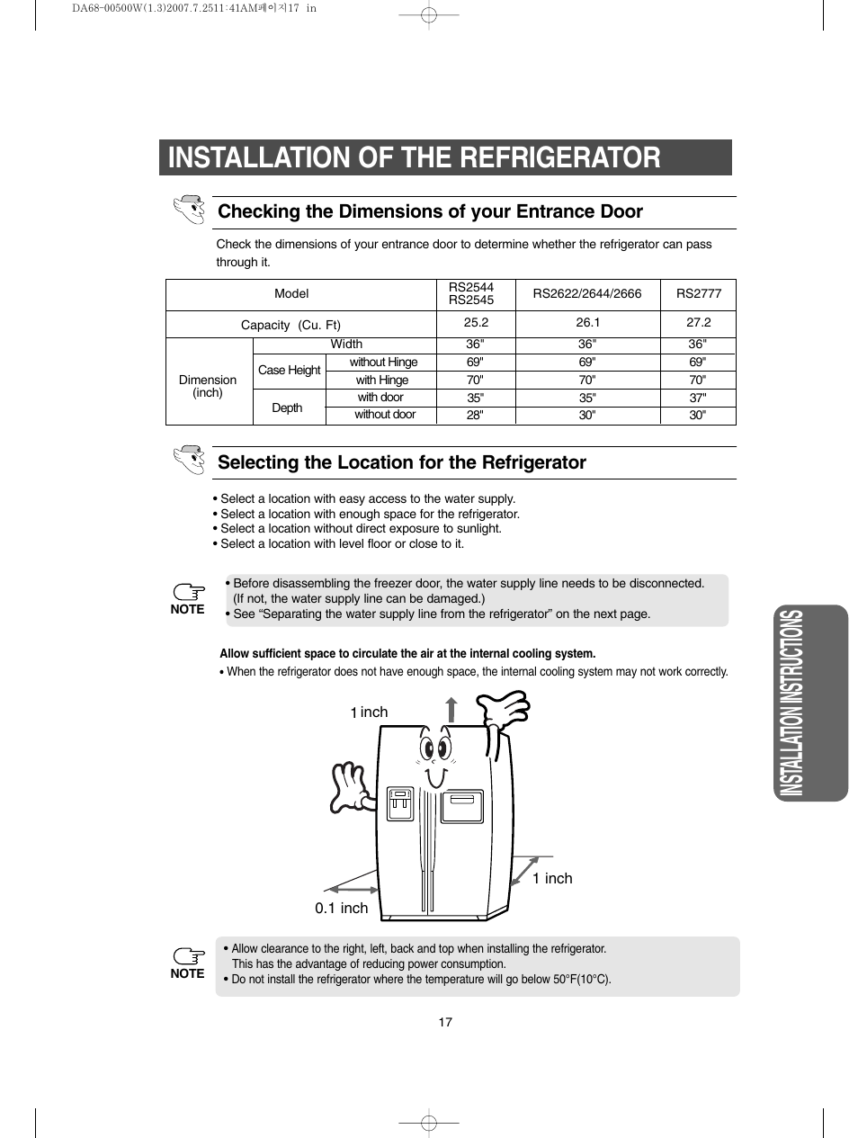 Installation of the refrigerator, Inst alla tion instructions | Samsung RS2777SL-XAA User Manual | Page 17 / 32