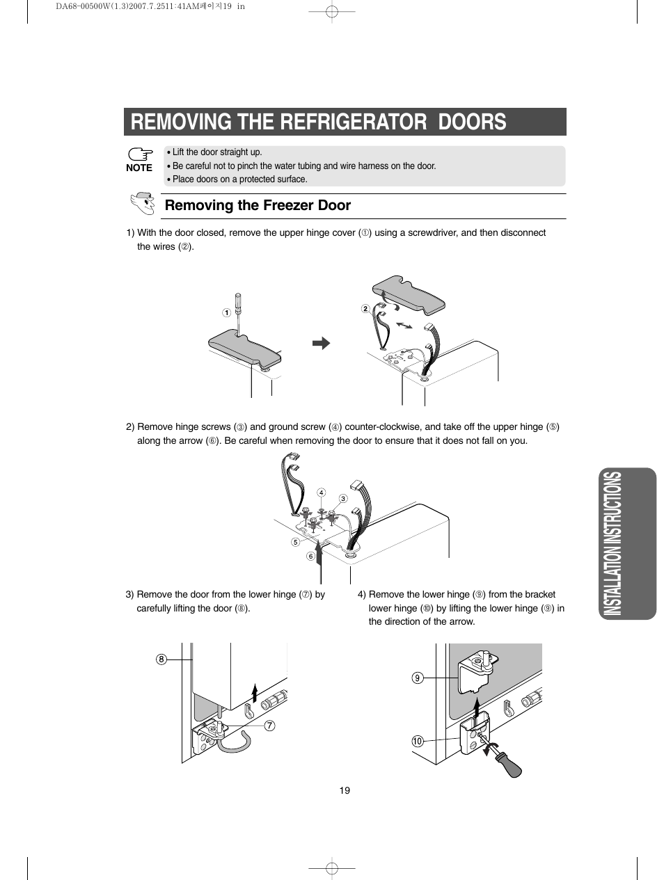 Inst alla tion instructions, Removing the refrigerator doors, Removing the freezer door | Samsung RS2777SL-XAA User Manual | Page 19 / 32