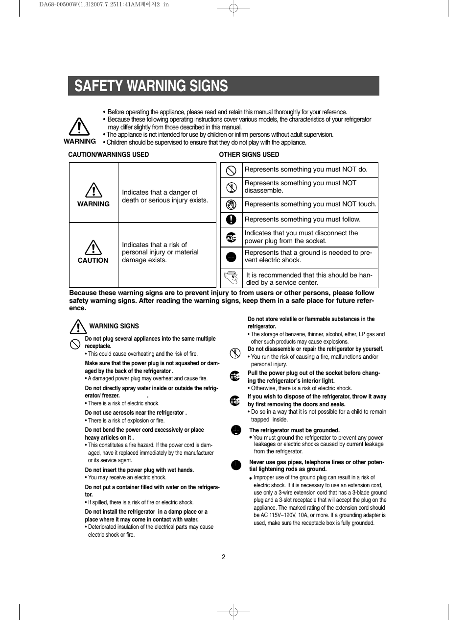 Safety warning signs | Samsung RS2777SL-XAA User Manual | Page 2 / 32