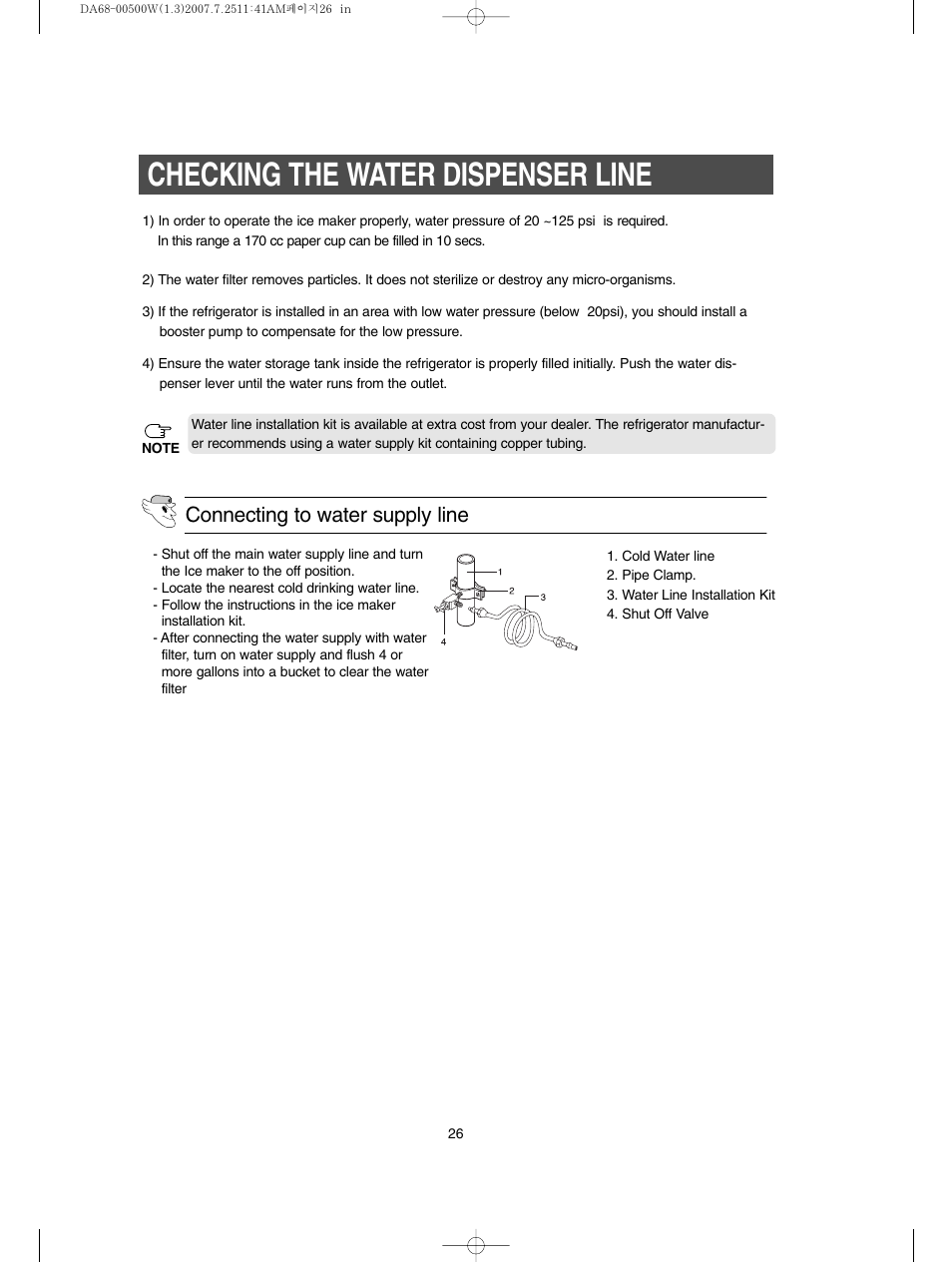 Checking the water dispenser line, Connecting to water supply line | Samsung RS2777SL-XAA User Manual | Page 26 / 32
