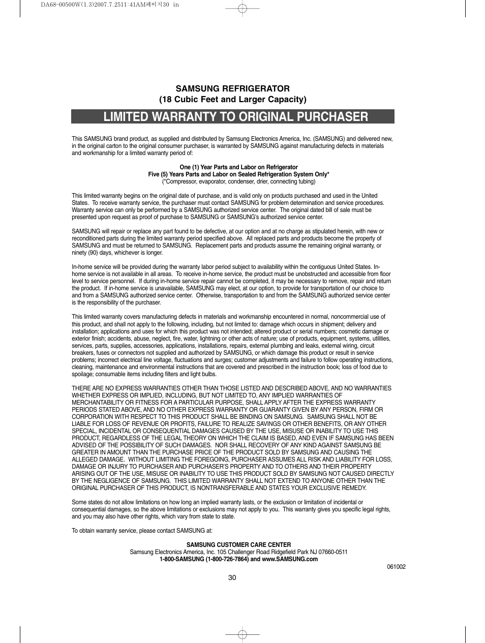 Limited warranty to original purchaser | Samsung RS2777SL-XAA User Manual | Page 30 / 32