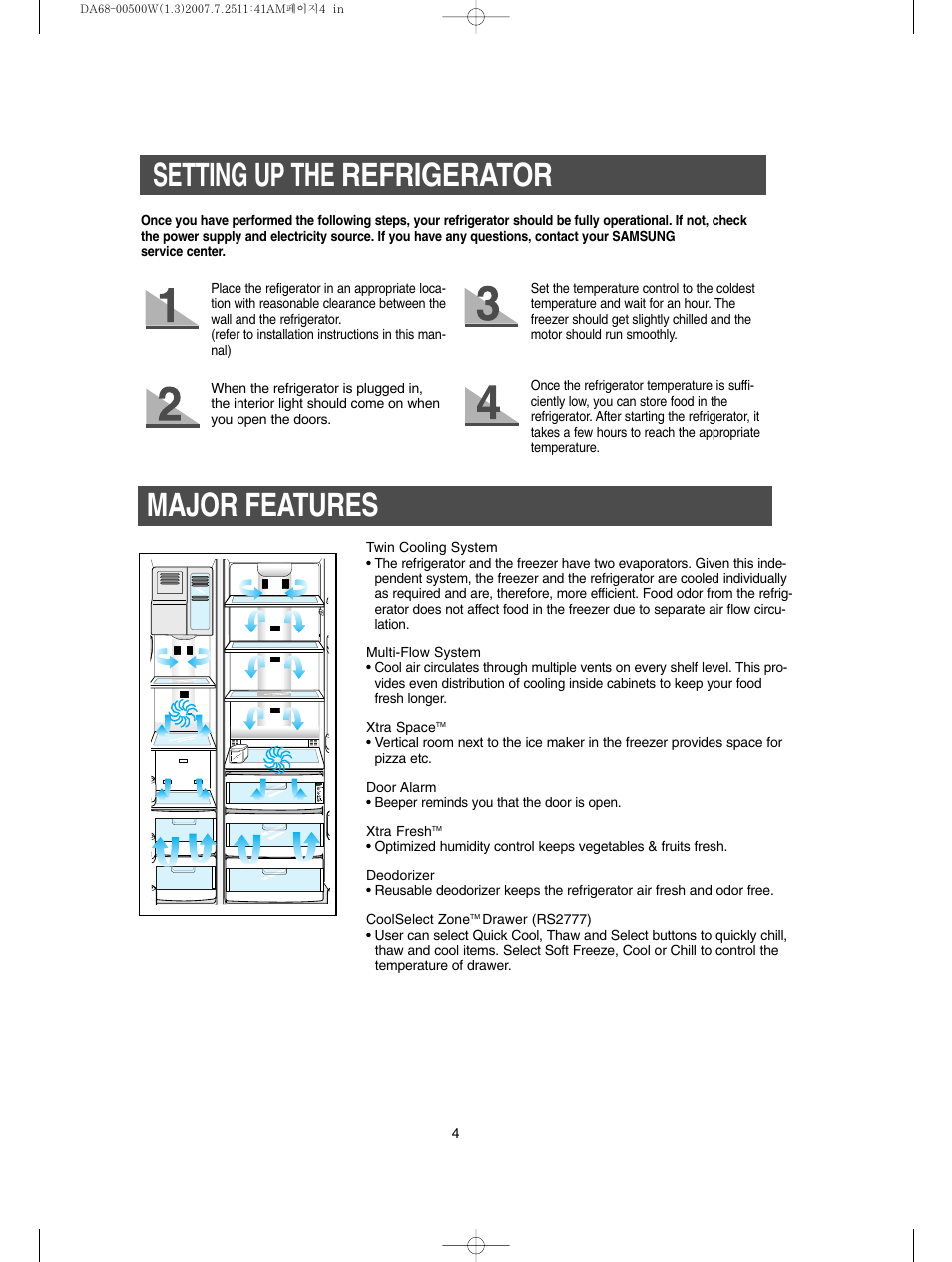 Setting up the refrigerator, Major features | Samsung RS2777SL-XAA User Manual | Page 4 / 32