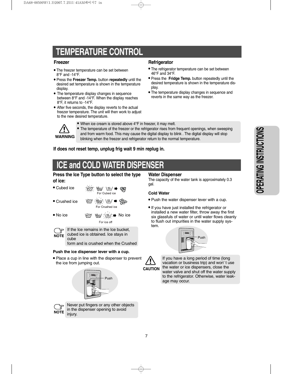 Temperature control, Ice and cold water dispenser, Opera ting instructions | Samsung RS2777SL-XAA User Manual | Page 7 / 32