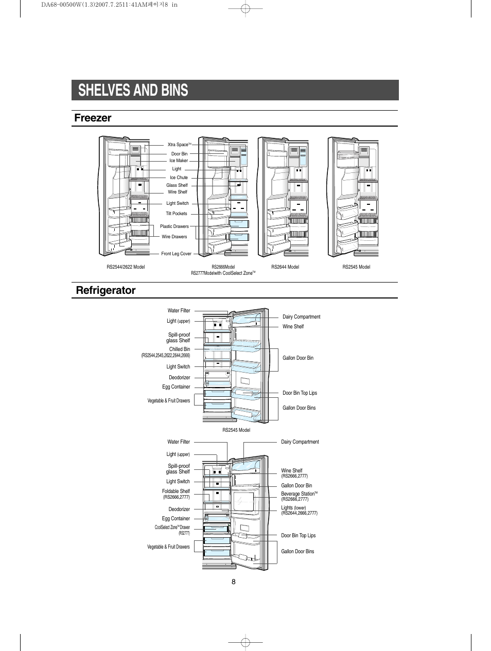 Shelves and bins, Freezer refrigerator | Samsung RS2777SL-XAA User Manual | Page 8 / 32