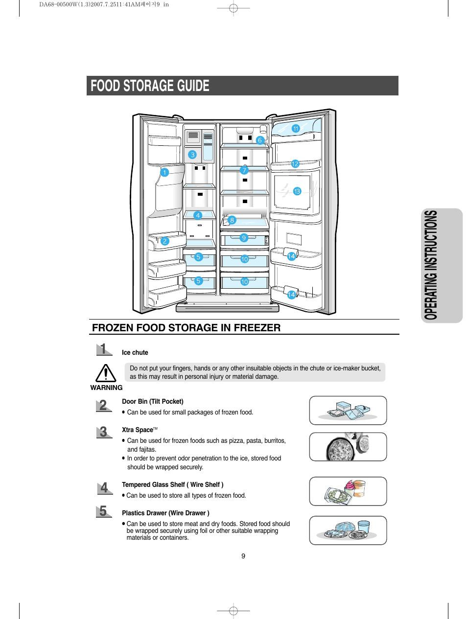 Food storage guide, Opera ting instructions, Frozen food storage in freezer | Samsung RS2777SL-XAA User Manual | Page 9 / 32