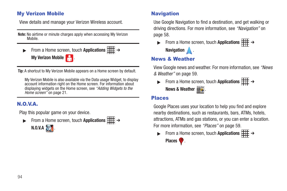 My verizon mobile, N.o.v.a, Navigation | News & weather, Places | Samsung SCH-I800BKAVZW User Manual | Page 100 / 162