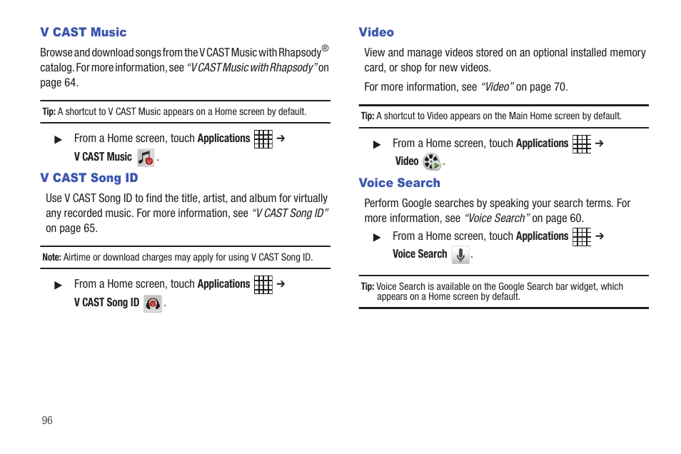 V cast music, V cast song id, Video | Voice search, V cast music v cast song id video voice search | Samsung SCH-I800BKAVZW User Manual | Page 102 / 162